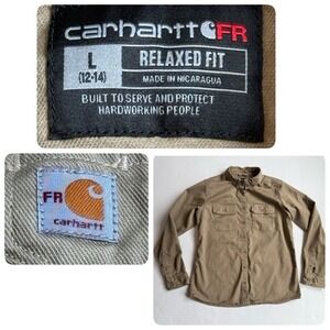 Carhartt FR Long Sleeve Top Women L 12 14 Button Up Relaxed Fit Twill 102459 Tan